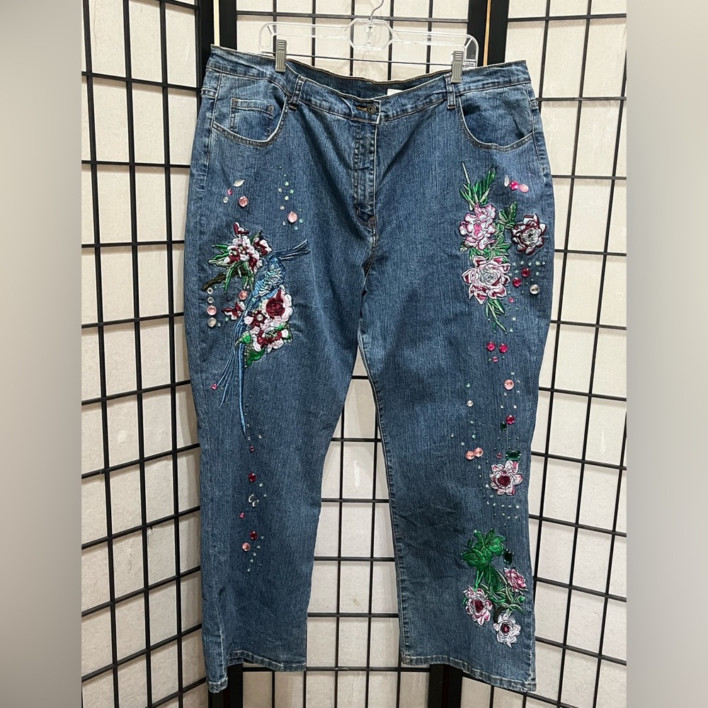DENIM 24/7 Embroidered Floral Blue Denim Jeans RHINESTONE EMBELLISHED WOMEN 28W